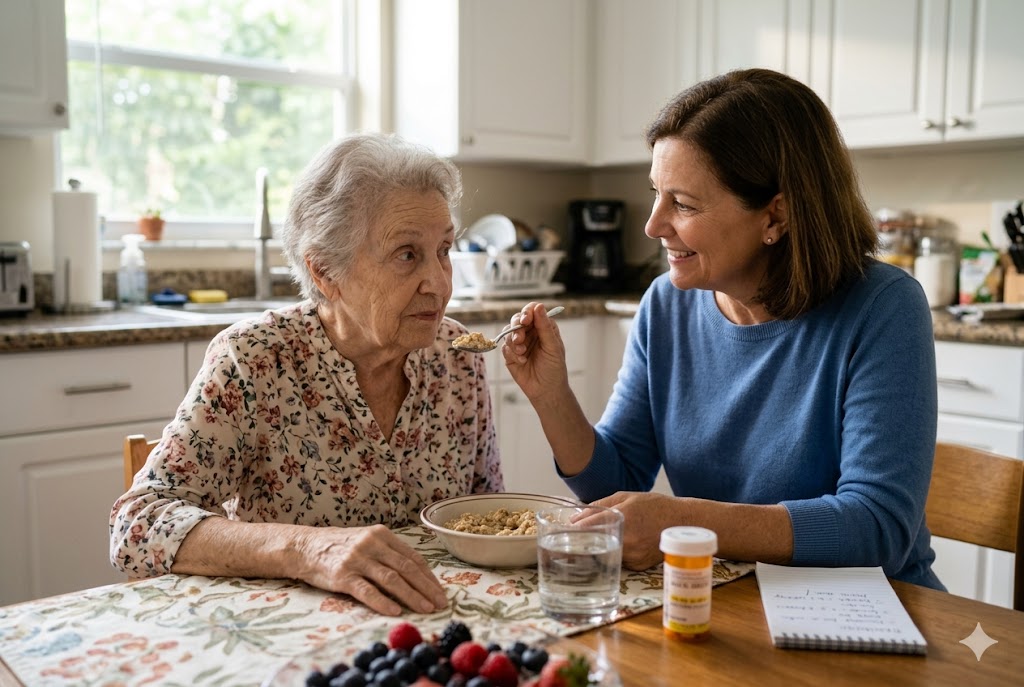 caretaker feeding senior