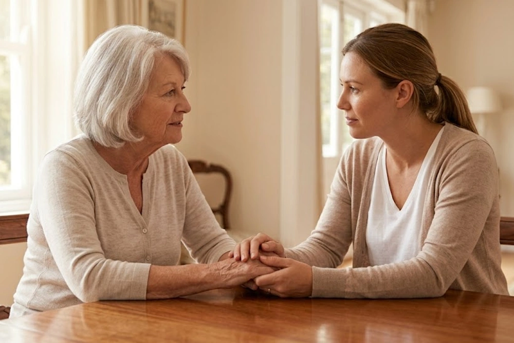 How Companion Care Helps Seniors Stay Independent An adult daughter gently holding her elderly mother's hands during a reassuring, supportive conversation at a dining table.