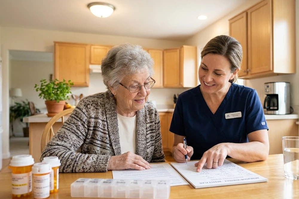 Post Surgical Recovery Care: A Practical Guide for Families Home caregiver reviewing medication plan as part of surgical recovery care in Miami