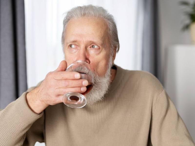 Hydration Reminders for Elderly: Small Habit, Big Impact Senior man drinking from a glass at home, showing how hydration reminders for elderly clients help build a consistent daily habit.