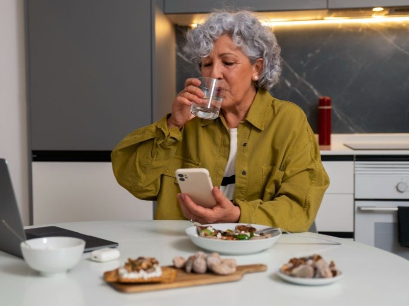 Appetite Loss in Seniors: Common Causes and Simple Fixes Senior woman drinking water at a kitchen table with small snacks, a sign of appetite loss in seniors